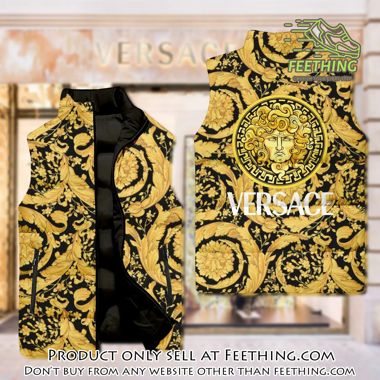 Versace yellow black logo type 02 luxury brand 3d sleeveless down jacket ft5608642